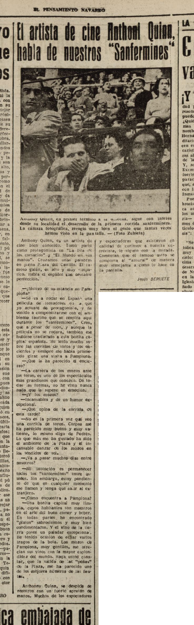 REcorte de periódico, El Pensamiento Navarro, 9 de julio de 1954