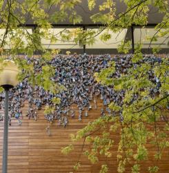 instalación de unas botellas en la fachada de civivox iturrama